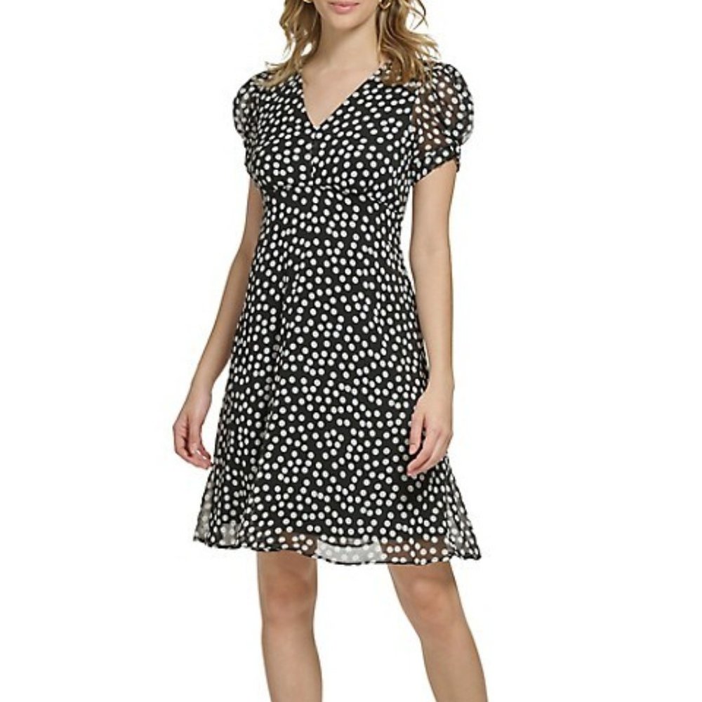 Calvin Klein Short Puff Sleeve V-Neck Dotted Chiffon Sheath Dress. NWT!